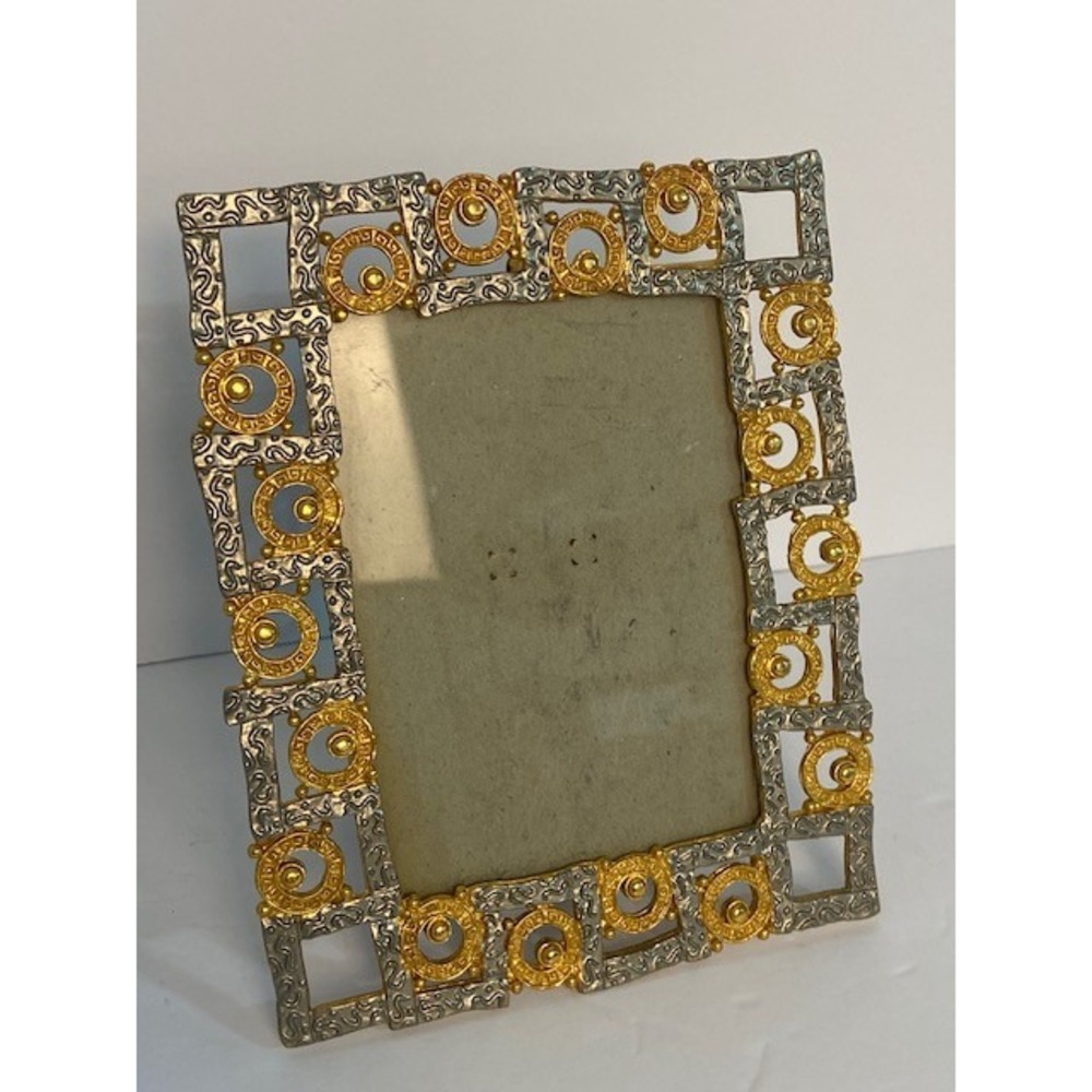 Vintage Two Tone Silver Gold Greek Key Ornate 4x6 Picture Frame Tabletop Decor
